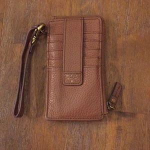 Brown leather fossil wristlet with removable strap